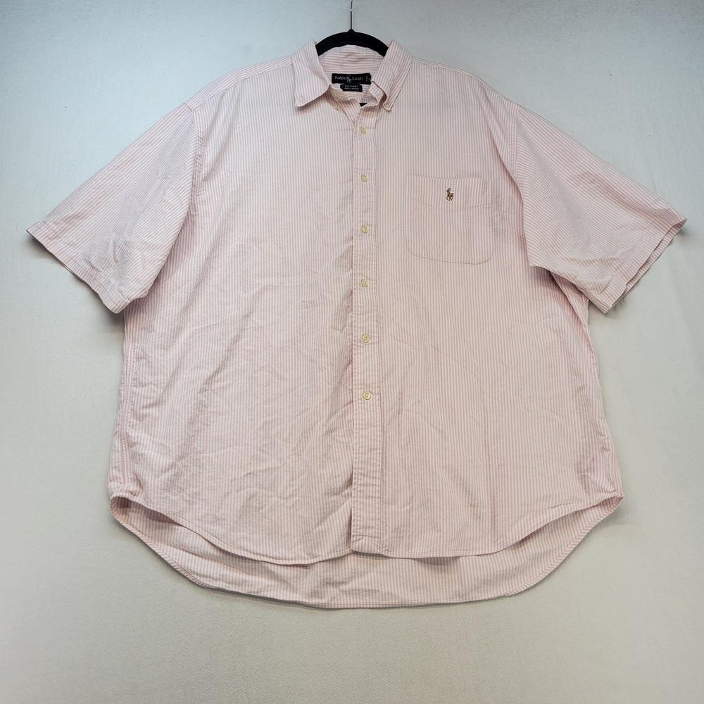 Ralph Lauren Big Shirt Mens XL Pink Striped Short Sleeve Button Down Cotton Pony